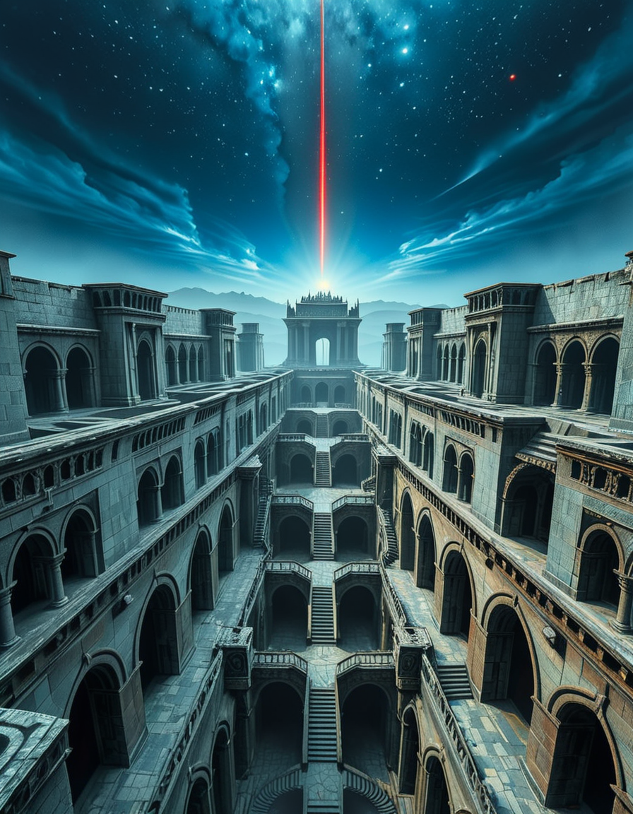 A vast, nightmarish labyrinth stretching endlessly into the horizon, its architecture a fusion of brutalist and gothic styles. The towering stone walls are cold, weathered, and adorned with eerie, ancient carvings. Deep chasms divide the labyrinth, revealing endless layers of arches and staircases that descend into an abyss of darkness. The atmosphere is thick with an unsettling silence, broken only by distant whispers and echoes of unseen entities.
A strange, ominous red beam pierces the sky from a distant point at the horizon, casting an eerie glow over the surreal landscape. The sky above is an unnatural, deep blue, devoid of stars, shrouded in a thick, ominous haze. Shadows stretch unnaturally long, twisting and shifting as if alive.
The entire scene evokes a sense of isolation and dread, as if trapped in an inescapable nightmare. The labyrinthâs geometry seems almost impossible, defying logic with staircases leading to nowhere and corridors looping endlessly. A place where time feels distorted, and reality itself is uncertain.
Style & Mood:
    Dark surrealism, Lovecraftian horror
    Cinematic, high-detail, eerie lighting
    Atmospheric perspective, emphasizing scale and depth
    Inspired by the works of ZdzisÅaw BeksiÅski and H.R. Giger
<lora:SDXLFaeTastic2400:0.4> <lora:extremely_detailed:0.4> extremely detailed, <lora:nightmarish_l4byr1nth:1>,nightmarish l4byr1nth, Masterpiece,best quality,hi res,8k,hi res,8k,award winning,(sharp focus, intricate, highly detailed),