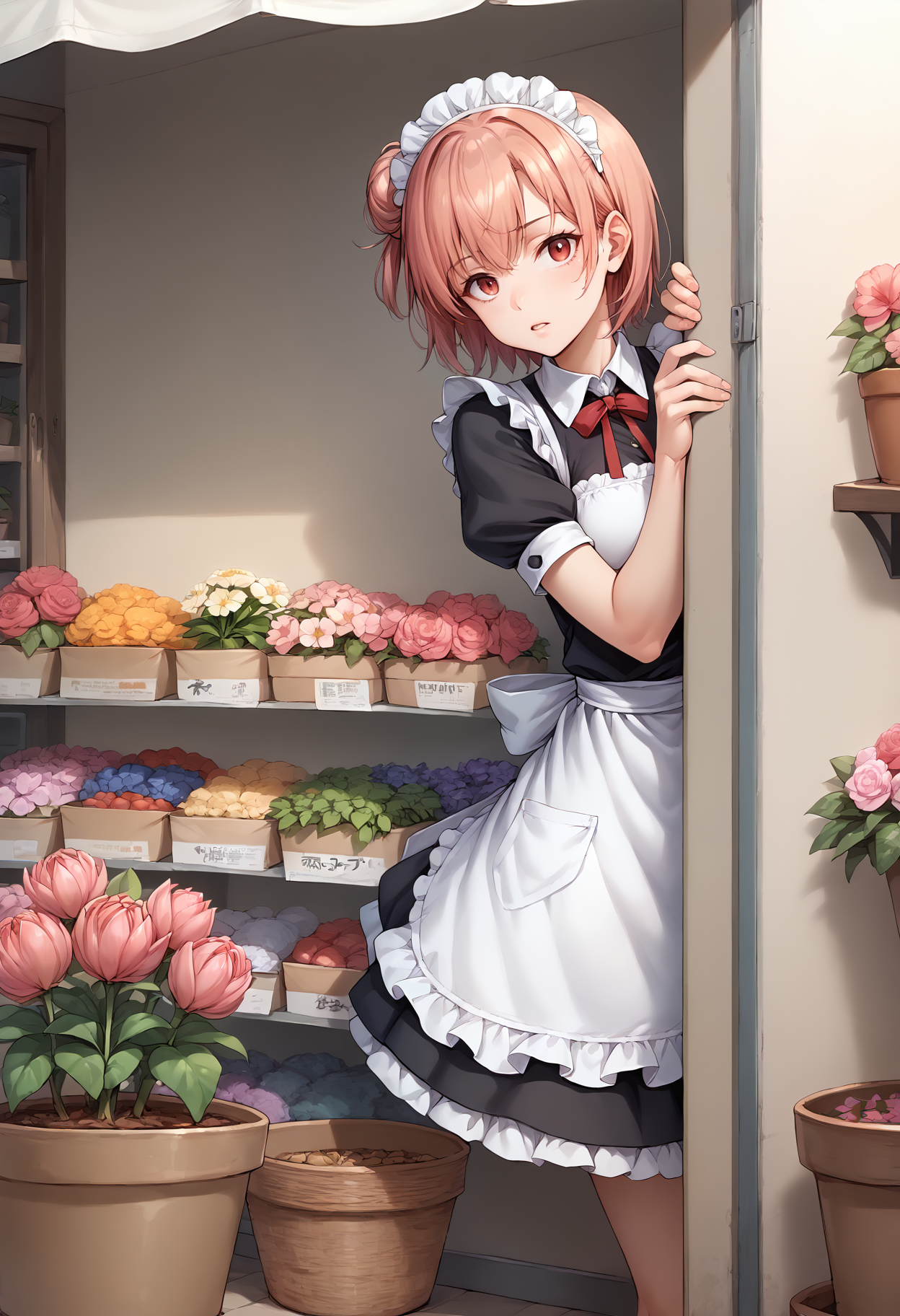 score_9, score_8_up, score_7_up, source_anime, 1girl, solo, looking at viewer, yyghm, short hair, single hair bun, maid, maid headdress, maid apron, short sleeves, flower shop, outdoors, storefront, flower pot, potted plant, shelf, tulip, pink flower, red flower, peeking out, upper body, puffy short sleeves, hiding behind wall, serious, parted lips