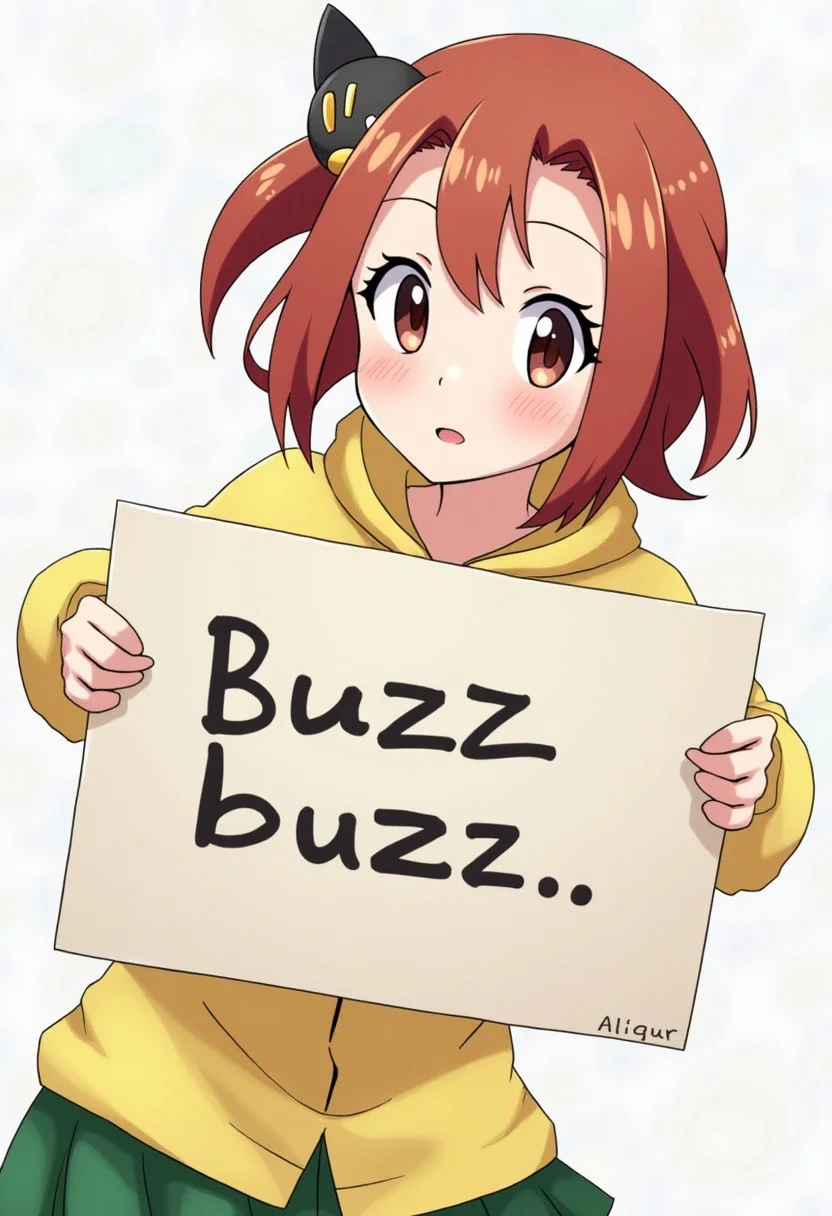 anime girl from pokemon series holding sign it say "buzz buzz buzz"