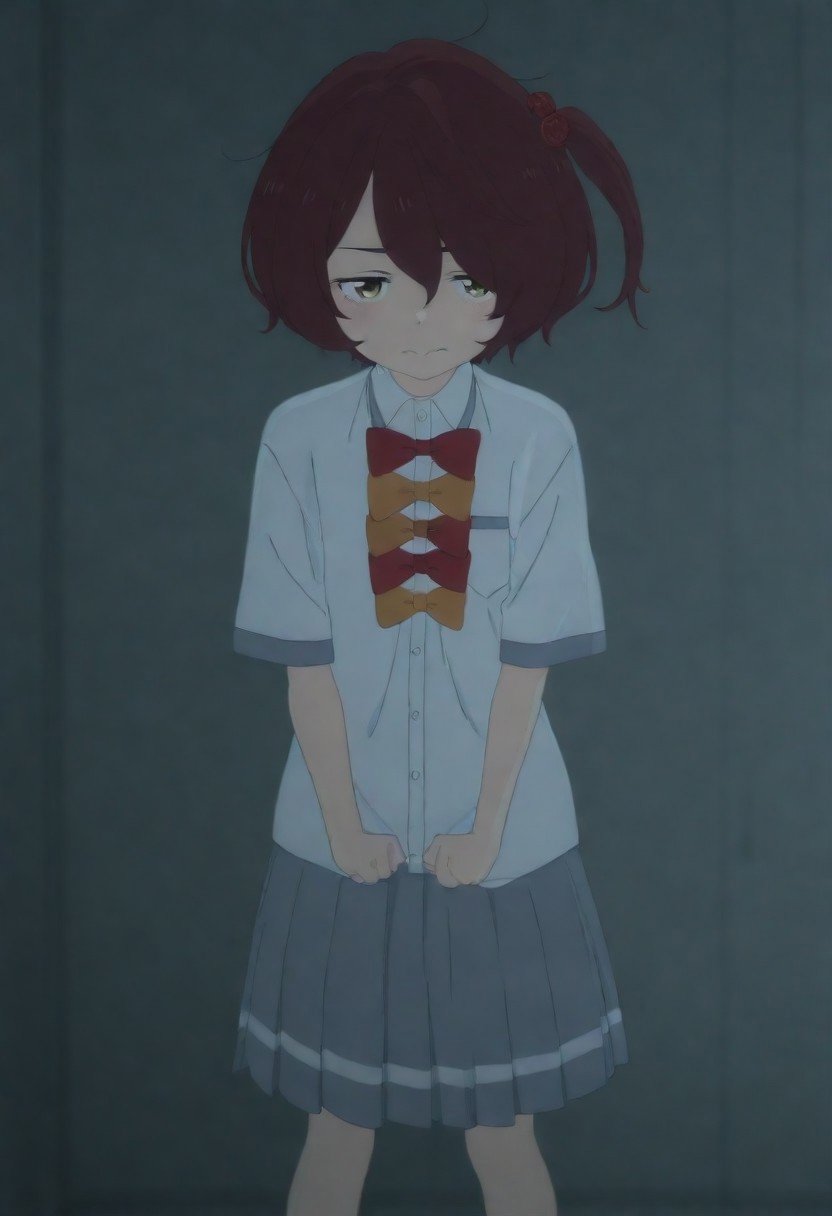 masterpiece, best quality, amazing quality,,, shiny skin,,,,,,anime coloring,anime screencap, ,, official art,,,,, <lora:Komari_Illustrious:0.9> komari_chika, yellow_eyes, brown_hair, short_hair, one_side_up,, school_uniform, white_shirt, collared_shirt, bow, pleated_skirt, grey_skirt, short_sleeves,