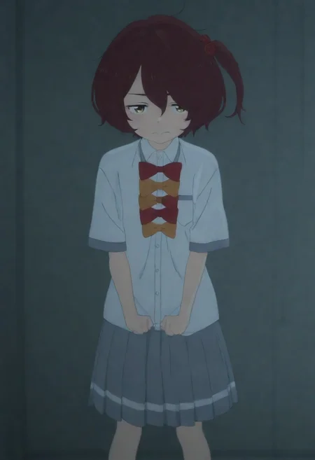masterpiece, best quality, amazing quality,,, shiny skin,,,,,,anime coloring,anime screencap, ,, official art,,,,, <lora:Komari_Illustrious:0.9> komari_chika, yellow_eyes, brown_hair, short_hair, one_side_up,, school_uniform, white_shirt, collared_shirt, bow, pleated_skirt, grey_skirt, short_sleeves,