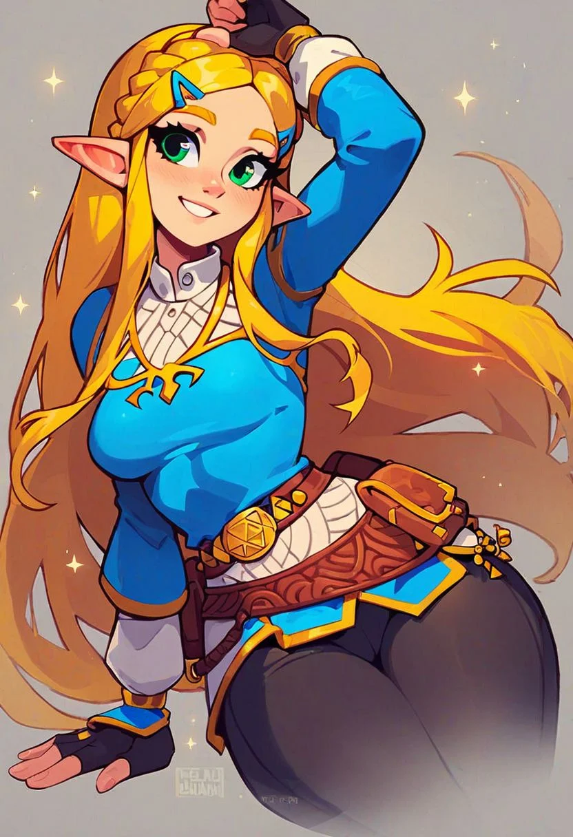 score_9, score_8_up, score_8, medium breasts, (curvy), cute, eyelashes, princess zelda, solo, long hair, green eyes, crown braid, hairclip, pointy ears, blue shirt, long sleeves, fingerless gloves, black gloves, black pants, tight pants, smile, curvy, head tilt,,