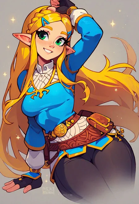 score_9, score_8_up, score_8, medium breasts, (curvy), cute, eyelashes, princess zelda, solo, long hair, green eyes, crown braid, hairclip, pointy ears, blue shirt, long sleeves, fingerless gloves, black gloves, black pants, tight pants, smile, curvy, head tilt,,