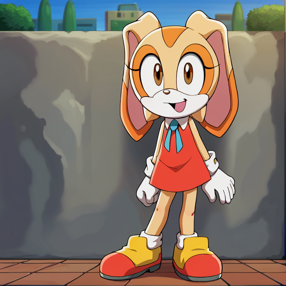 hi res, best quality, solo, female, (source_cartoon), Score_9, score_8, score_7, ultra detailed, (masterpiece), best anatomy, small body, young, petite, short, <lora:Cream_the_rabbit:1>, 1girl, animal nose, brown eyes, cre@m_the_rabbit, flat chest, furry, white gloves, open mouth, rabbit ears, rabbit girl, two-tone fur, official style, rabbit tail, orange dress, blue ribbon, neck ribbon, standing, smile, full body, outdoors,