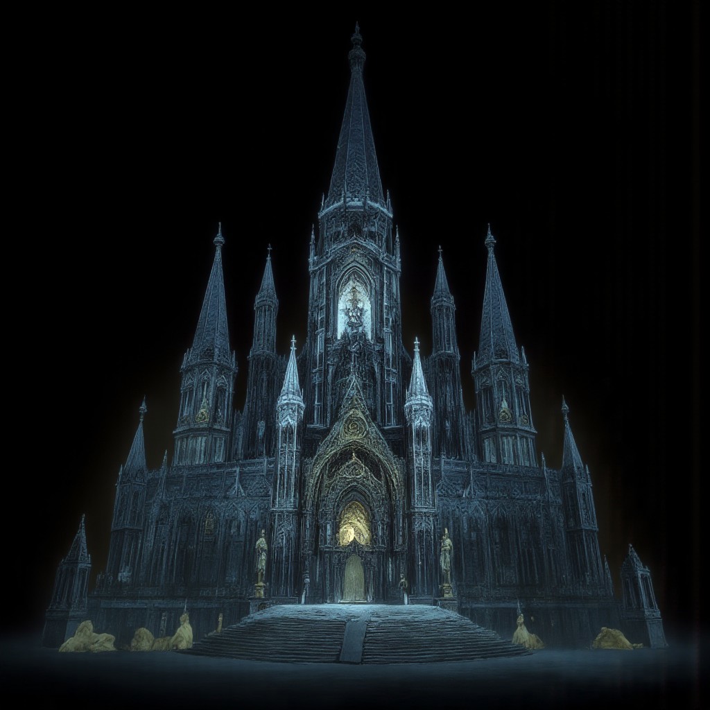 A Medieval castle with elderscrolls inspired aestetics and legend of zelda
Set against a solid dark black color background to emphasize its unsettling unnatural form that emphasizes its silhouette. The medium is not a traditional painting or illustrative medium like watercolor or ink but rather a digital 3D rendering.
MikeFranchinastyle, d4artstyle, d4concept, , bbstyle,, horror theme,, zbrush, ZBClay model of a gray sculpture, 1990's, 1990's style