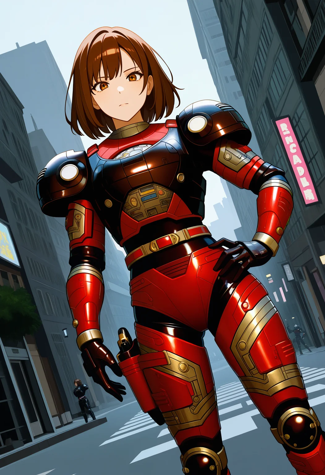 1girl, solo, R3ddle, armor, bodysuit, shoulder pad, gloves, belt, kneepad, holster, brown hair, brown eyes, cowboy shot, dutch angle, looking at viewer, shiny clothes, hand on hip,
outdoors, city,
best quality, very aesthetic, masterpiece,
