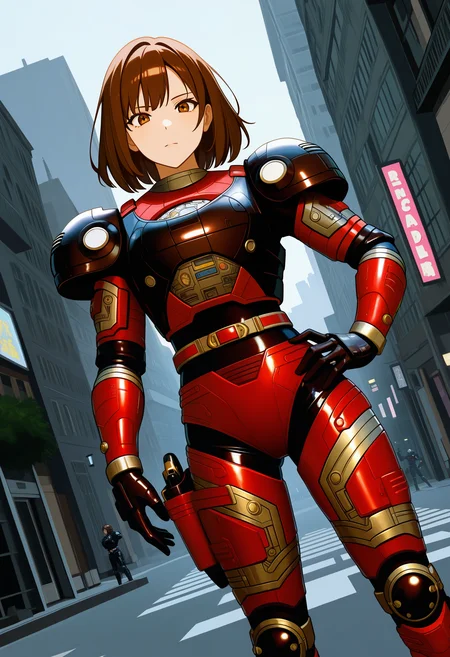 1girl, solo, R3ddle, armor, bodysuit, shoulder pad, gloves, belt, kneepad, holster, brown hair, brown eyes, cowboy shot, dutch angle, looking at viewer, shiny clothes, hand on hip,
outdoors, city,
best quality, very aesthetic, masterpiece,