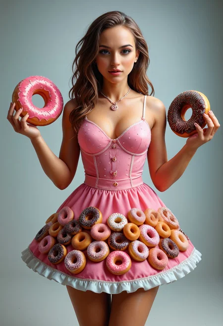 d0nu71f13d, An epic photo of an avant-garde Afropunk fashion model wearing a dress made of doughnuts, neon color, masterpiece, best quality, highly detailed, sharp focus, dynamic lighting, flux-style, mobe-cybideen