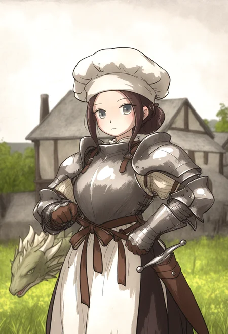 <lora:SDXL\Illustrious\noobai_ep11_stabilizer_v0.58_fp16.safetensors:0.8:1.0>style_ironlily,1girl, knight_armor, chef_hat, fantasy_setting, medieval_village_background, dragon, BREAK very awa,masterpiece, best quality, amazing quality, very aesthetic, absurdres,