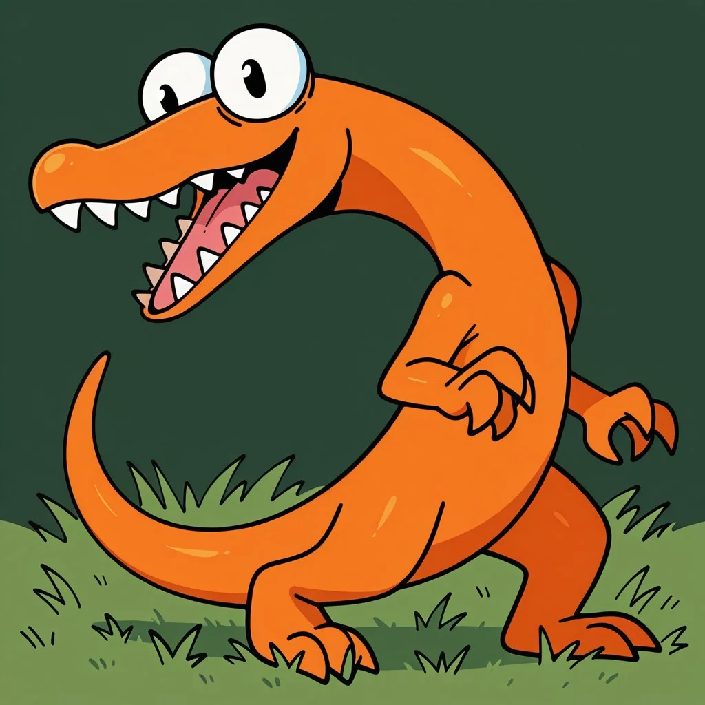 masterpiece, best quality, amazing quality, very aesthetic, absurdres, solo, adorable, anthro, cartoony, lizard, long curved tail, bipedal raptor body, thin long neck, long snout with underbite, sharp white teeth, orange body, grass background