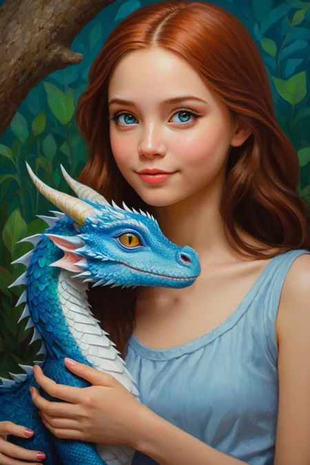 by Victor Nizovtsev and Becky Cloonan in the style of Phuoc Hoai Nguyen and Mark Keathley and Jasmine Becket-Griffith, cute 18 year old woman and her pet dragon, digital oil pastel on canvas<lora:oil_pastel:1.00> of a cinematic photo <lora:juggernaut_cinematic:1.00>