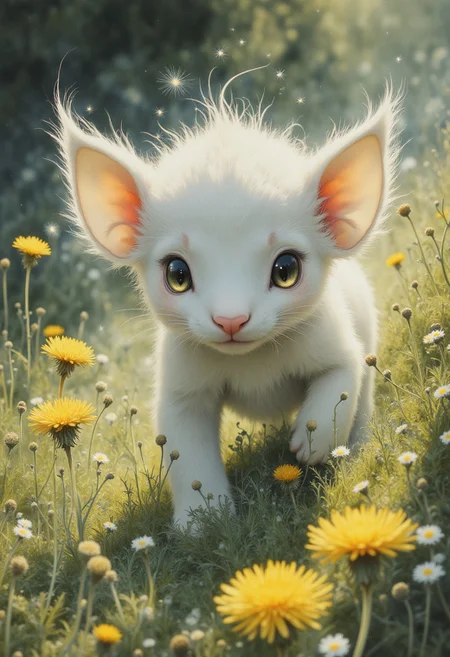 masterpiece, best quality, A fluffy, cute tiny hippo cub waddles playfully through a sunlit meadow dotted with vibrant dandelions, its large, round eyes glistening with curiosity. The soft, white fur radiates warmth, while its oversized ears flap lightly with each enthusiastic step. As gentle breezes carry wisps of dandelion seeds into the air, the scene encapsulates a whimsical, carefree moment in nature’s embrace, emphasizing the elephant's joyful exploration. masterpiece raw analog candid photography, rendered in breathtaking hyperrealism. The creature`s face retains the quintessential feline charm, captures the quiet magic of nature's resilience and the promise of spring, highly detailed, beautiful, vibrant, masterpiece, 32k, ultra HD, ultra-detailed, amazing quality, amazing artist, sharp edges, detailed textures, full view, atmospheric lighting, amazing visuals, An embroidered design Spring atmosphere