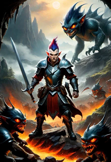 (((from Pathfinder RPG universe))) This photo shows a slender 45-year-old male Gnome ranger realistically. The photo was taken 
He sports a multicolour (tricolour)  red, black, and silver hair in an undershaved mohawk. Highly detailed hairs. Enormous glowing alien amber, chromatic eyes. Cold smile. Pointy, elven ears. 
He is wearing a rangers outfit.
He is wielding a magical sword.
Backdrop of a foreboding scene of battle. On the ground, dozens of slayed goblins with blood and guts. Magical realism, grim fantasy, Symmetrical, studio 3d lighting, visible face, looking into camera, make realistic, Tentacles. Artistic style of Boris Vallejo and Julie Bell. Photo by Hasselblad Helios 44-2 58 mm by Annie Leibovitz.