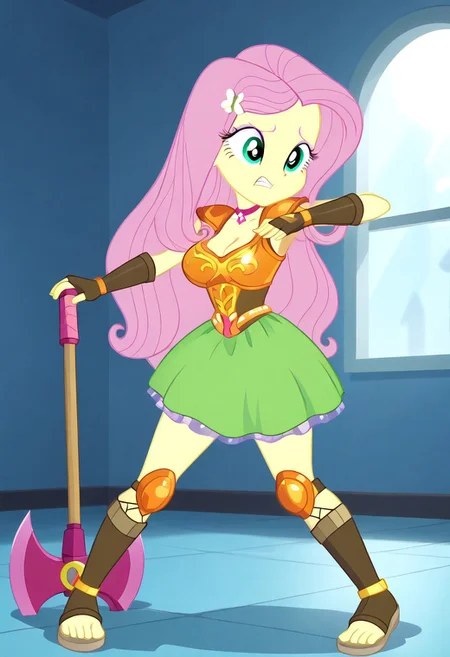 (masterpiece:1.0), (best_quality:1.0), ((perfect face:1)),((perfect body:1)),((perfect shadows:1)),
ng_deepnegative_v1_75t, zPDXLxxx, My little pony,(equestria girls)(full body shot) , Perfect Hands, perfecteyes, beautiful, vector, detailed hand, seductive look,bedroom eyes, detailed eyes, ,dinamic hands,full body portrait,  
BREAK charcters, 
(Equestria Girls Style:1.5),
prostitutes with massive breast and hyper hips, fluttershy, pink hair, teal eyes, long hair, eyeshadow, butterfly ornament, hair ornament, yellow skin, colored skin,
(Equestria girls:1),(massive breast:1.3),(hyper hips:1),
slutty thick round ass,massive thick thighs,perfect breast,
BREAK raytracing, volumetric lighting, ambient occlusion, background, 
BREAK wearing, 5 fingers, detailed character design, ultra-high resolution,
detailed character design, ultra-high resolution, ultra detail,
bedroom eyes, 
absolute cleavage, (Random epic figth pose:2),( sexually suggestive;2),(front view:2),
(fantasy barbarian armor:1.5), (fingerless gloves:1.5), (toeless footwear:1.5), (holding massive battle-axe), red aura, menacing glare, smug, glowing eyes, dynamic pose with battle-axe,
BREAK (shading:1).