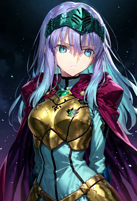 score_9, score_8_up, score_7_up, ((solo)), calm, pout, closed mouth, 1girl, solo, (medium breasts, thin waist, wide hips), peaceful, closed mouth, adult, (((eirika face))), (((cyan hair, cyan eyes))), ((long hair, hair between eyes)), (((indigo cape, metal headband, green metal_uniform, metal breast_armor))), no background, dark background, cowboy shot, dark background, portrait, Expressiveh,