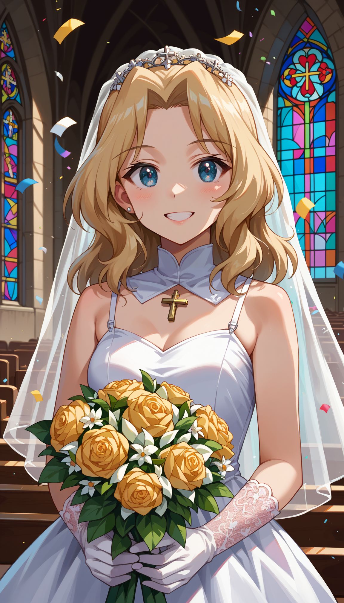 score_9, score_8_up, score_7_up, source_anime, 
 <lora:GUPKay:0.6> kay (girls und panzer), blonde hair, long hair, blue eyes, 1girl, hair intakes, 
ndoors, church, stained glass, whie veil, laced gloves, upper body, close portrait church, holding bouquet, (confetti:1.1), smile, white dress, wedding dress, church, holding bouquet, (confetti:1.1)