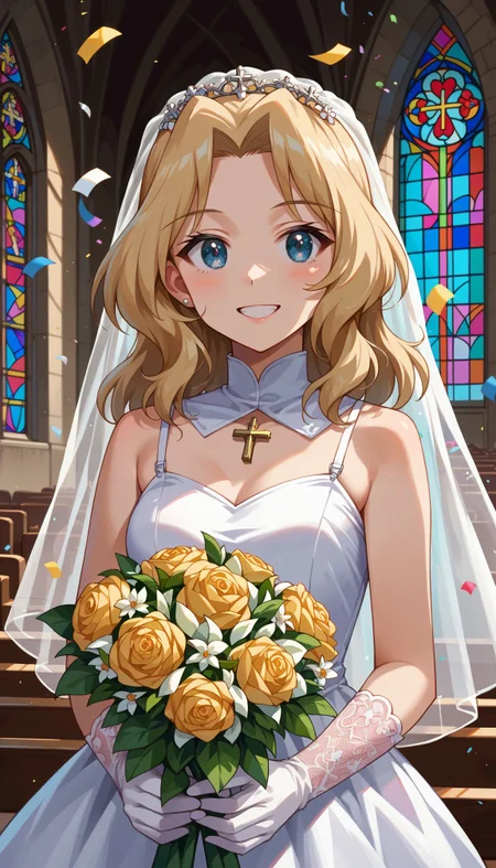 score_9, score_8_up, score_7_up, source_anime,
<lora:GUPKay:0.6> kay (girls und panzer), blonde hair, long hair, blue eyes, 1girl, hair intakes,
ndoors, church, stained glass, whie veil, laced gloves, upper body, close portrait church, holding bouquet, (confetti:1.1), smile, white dress, wedding dress, church, holding bouquet, (confetti:1.1)
