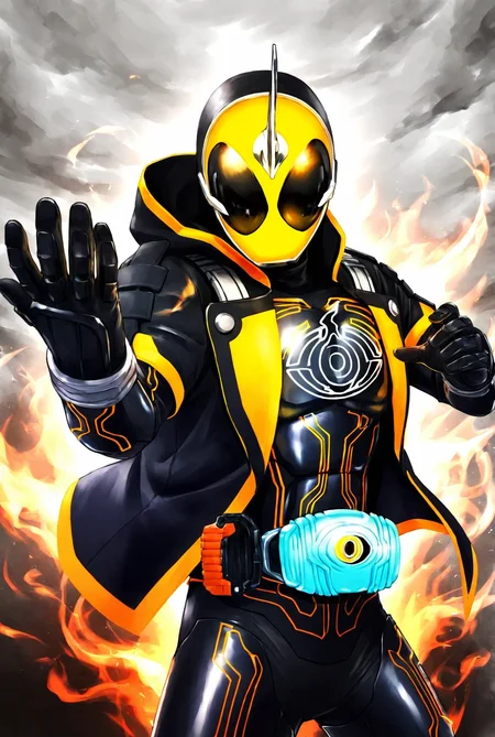 score_9,score_8_up,score_7_up,male focus,ultra-detailed,high resolution,digital painting,8k,1boy,solo,cowboy shot,male focus,detailed face,tokusatsu,rider belt,armor,helmet,jacket,bodysuit,gloves,hood,horns,black bodysuit,fighting stance, glowing mask,<lora:add-detail-xl:1>,<lora:Kamen Rider Ghost:0.7>,kamen rider ghost,