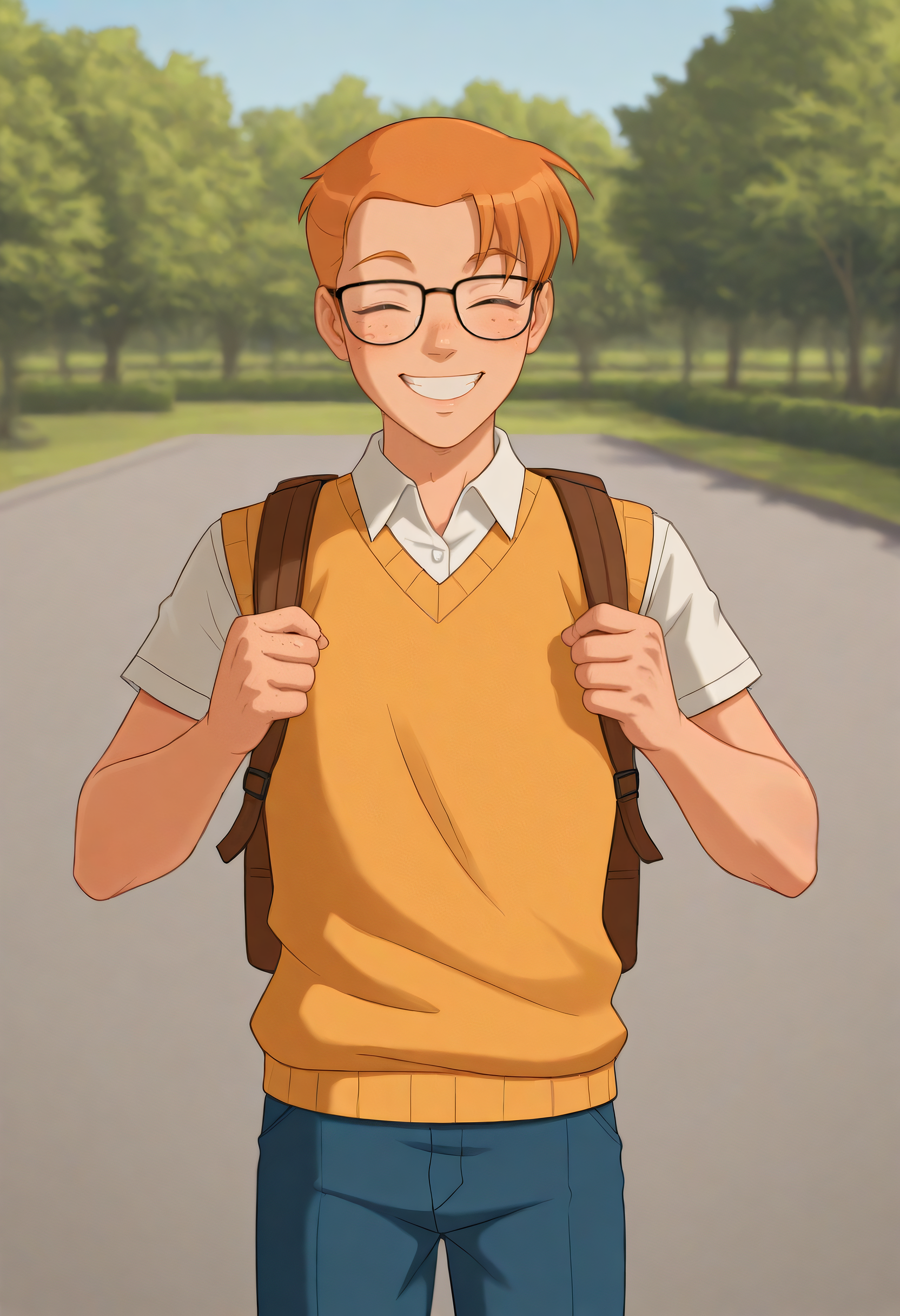 embedding:Illustrious\Positive\IllusP0s, embedding:Illustrious\Positive\IllustriousQual,1boy, male focus, solo, arnold_ts!, closed eyes, skinny body, orange hair, glasses, freckles, sweater vest, backpack, blue pants, cowboy shot, grin, look at viewer, outdoors background, detailed background, park, best quality, high resolution, masterpiece.