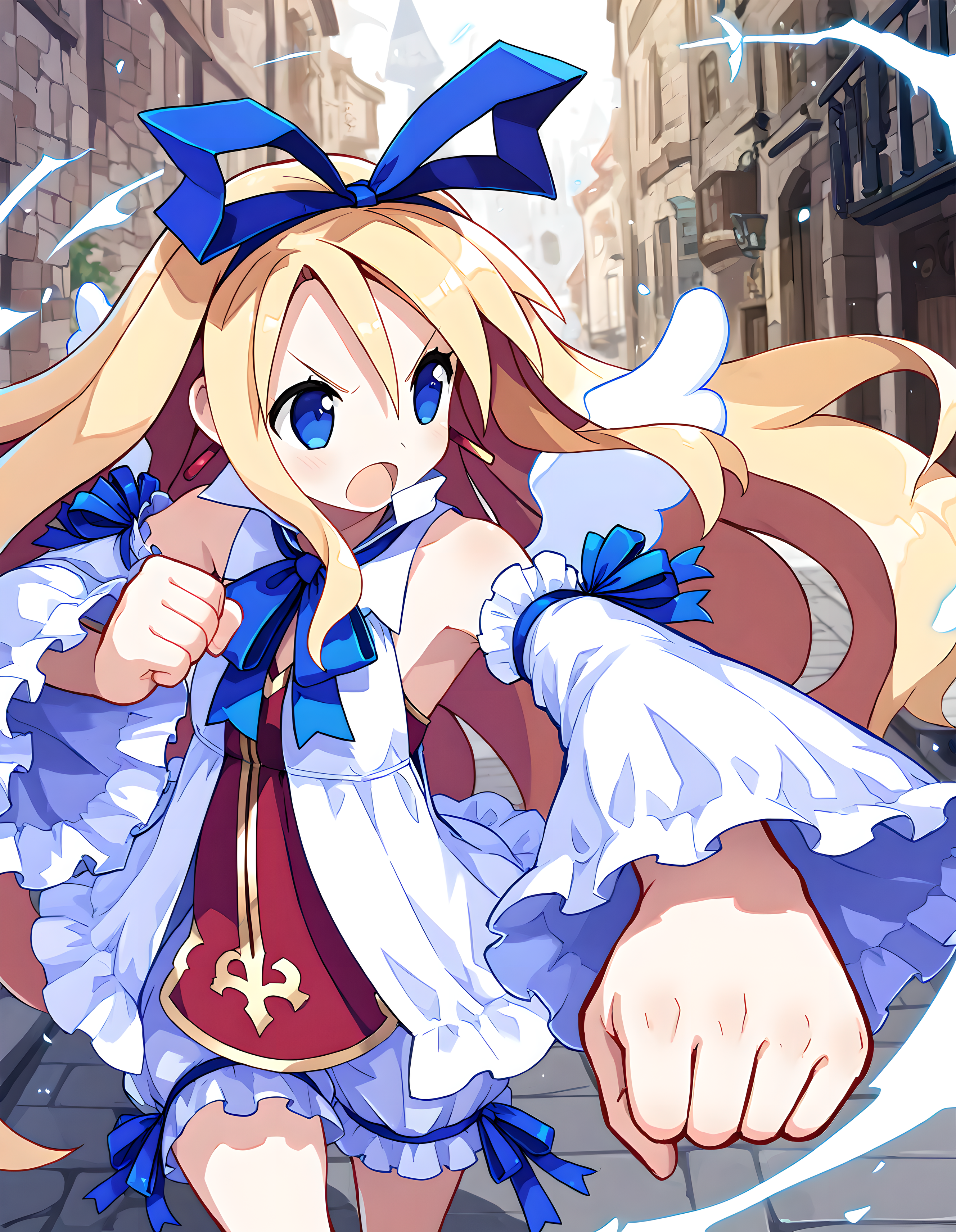 <lora:illustrious_XL_flonne:0.8>,flonne,masterpiece,best quality,good quality,1girl,solo,blue ribbon,blue eyes,angel wings,dress,frills,detached sleeves,white bloomers,streets in a fantasy world,fighting,punching,clenching a fist,v-shaped eyebrows,