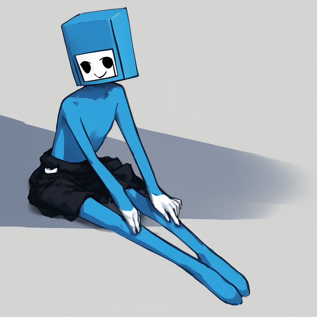 <lora:paddle-10:1.4> colored  skin, (square head:1), white face, solid circle eyes, smile, black eyes, full body, sitting down