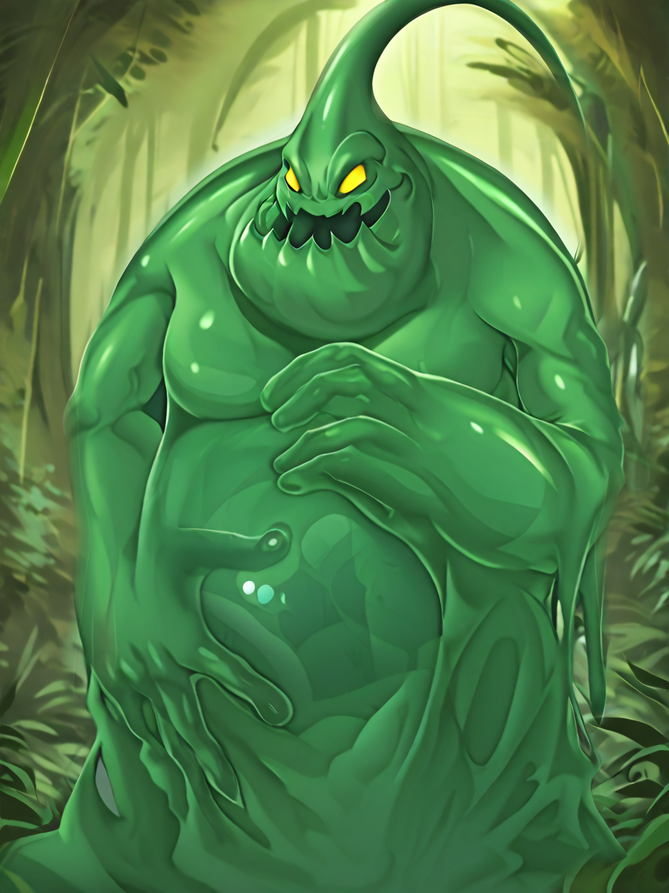 3tn3ss, masterpiece, absurdres, cowboy shot, League of legends, jungle, light shimmering in through the leafy canopy, dirt pathway, clearing in the distance

zac, Green slime monster, yellow eyes, translucent body, hand on the side of his stomach, chuckling softly, a human can be seen inside of him.