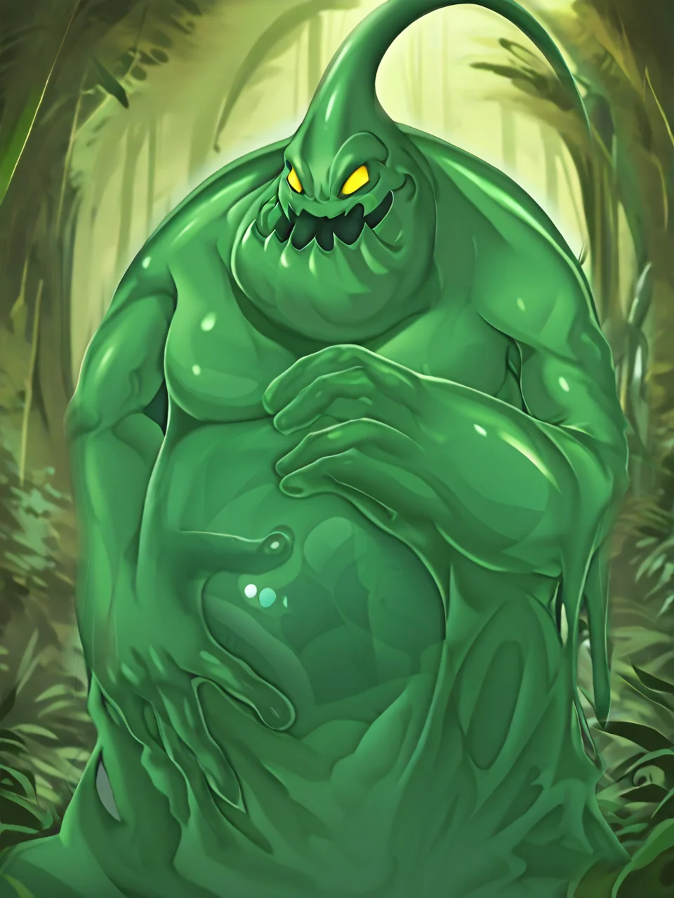 3tn3ss, masterpiece, absurdres, cowboy shot, League of legends, jungle, light shimmering in through the leafy canopy, dirt pathway, clearing in the distance
zac, Green slime monster, yellow eyes, translucent body, hand on the side of his stomach, chuckling softly, a human can be seen inside of him.