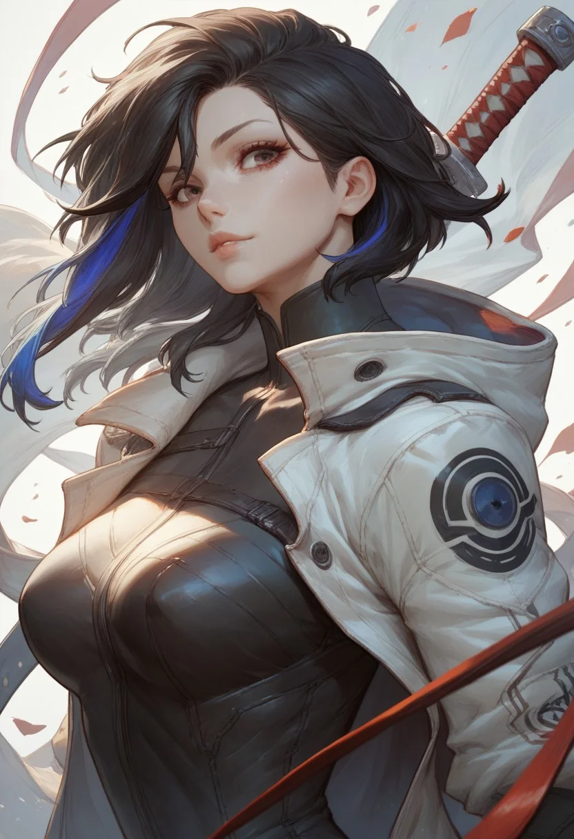score_9, score_8_up, score_7_up, score_6_up, score_5_up, score_4_up, 1girl, (score_9, score_8_up:1.1), score_9, score_8_up, score_7_up,score_9, score_8_up, score_7_up, score_9, score_8_up, score_7_up, high detailed, high quality, masterpiece, no text, quality highlights, 8k detail, detailed background, dynamic view, ultra-detailed,
...
anime, dynamic view, hentai, ultra-detailed,
...
Create an anime-style character with long, black hair, wearing a white jacket with bold black kanji characters and a futuristic red and black outfit that accentuates her figure. She should have a red katana strapped to her back and wear a white cap with '10K' written on it. The character's pose should be from the side, highlighting her back and the sword, with her hands in gloves, in action or combat. The background should be minimalistic to keep the focus on the character's detailed and striking appearance
(curvy girl),, cute girl, lips, (incredibly sexy),
sexy pose, pose, looking at viewer
...
(white background)
