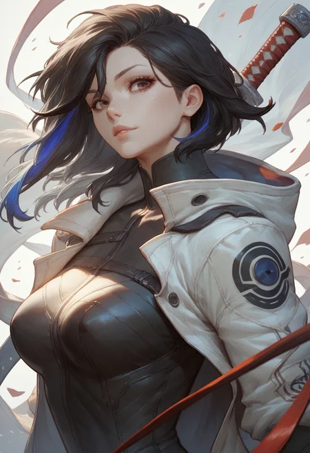 score_9, score_8_up, score_7_up, score_6_up, score_5_up, score_4_up, 1girl, (score_9, score_8_up:1.1), score_9, score_8_up, score_7_up,score_9, score_8_up, score_7_up, score_9, score_8_up, score_7_up, high detailed, high quality, masterpiece, no text, quality highlights, 8k detail, detailed background, dynamic view, ultra-detailed,
...
anime, dynamic view, hentai, ultra-detailed,
...
Create an anime-style character with long, black hair, wearing a white jacket with bold black kanji characters and a futuristic red and black outfit that accentuates her figure. She should have a red katana strapped to her back and wear a white cap with '10K' written on it. The character's pose should be from the side, highlighting her back and the sword, with her hands in gloves, in action or combat. The background should be minimalistic to keep the focus on the character's detailed and striking appearance
(curvy girl),, cute girl, lips, (incredibly sexy),
sexy pose, pose, looking at viewer
...
(white background)