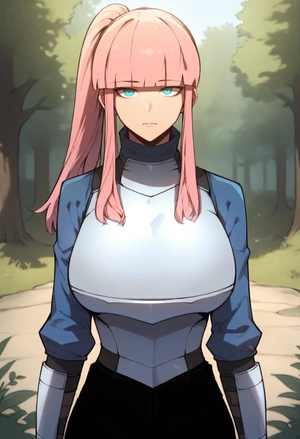 score_9, score_8_up, score_7_up, score_6_up, source_anime, rating_explicit, 1girl, solo, huge breasts,<lora:Mesa Milkano prefectPonyxl:0.9> pink hair, long hair, ponytail, blunt bangs, blue eyes, sidelocks, aqua eyes, armor, blue shirt, turtleneck, breastplate, long sleeves, black pants, expressionless, forest, outdoors, looking at viewer