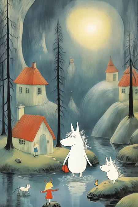 <lora:Tove Jansson Style:1>Tove Jansson Style - Channel the magical essence of Tove Jansson's art style to portray a heartwarming scene where Kimmy and Sprite are floating through scenes from Kimmy's past. Kimmy is a beautifuyl young girl. This page is filled with childlike wonder, as it encapsulates memories of Kimmy's adventures. Kimmy and Sprite, the traditional unicorn, are at the center of the image, drifting on their cloud. The unicorn's glowing horn still emits a gentle, magical light, subtly illuminating the scene. The characters are designed with the endearing simplicity and expressive charm characteristic of Jansson's Moomin characters. Surrounding them are translucent images of Kimmy's past adventures, such as playing in a park, a birthday party, or a family picnic. These scenes are illustrated with soft, dreamy colors, merging subtly with the sky and clouds. They should be like ethereal echoes of the past, softly blending with the background, but distinct enough to understand the memories they represent. Kimmy's face is aglow with joy and recognition as she relives these moments. The depiction of emotions is a crucial part of Jansson's art, ensure that this is reflected here. The color palette continues to be soft and comforting, using muted pastels for a nostalgic and warm atmosphere. The aesthetic stays consistent with Jansson's characteristic use of delicate linework, watercolor textures, and a sense of enchanting serenity.