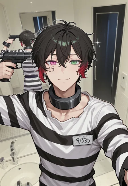 masterpiece, best quality, amazing quality, very aesthetic, absurdres, dynamic angle, ultra-detailed, highly detailed, cinematic lighting, realistic shading, BREAK
GunToHeadMeme, gun to head, selfie, phone, indoors, bathroom, sink, mirror, multiple views, looking at viewer, smile
BREAK
NBJyugo, 1boy, two-tone hair, black hair, red hair, short hair, heterochromia, pink eyes, green eyes, hoop earrings, multiple earrings, facial tattoo, number tattoo, black nails, sparkling aura, metal collar, cuffs, name tag, number, prison clothes, frayed clothes,