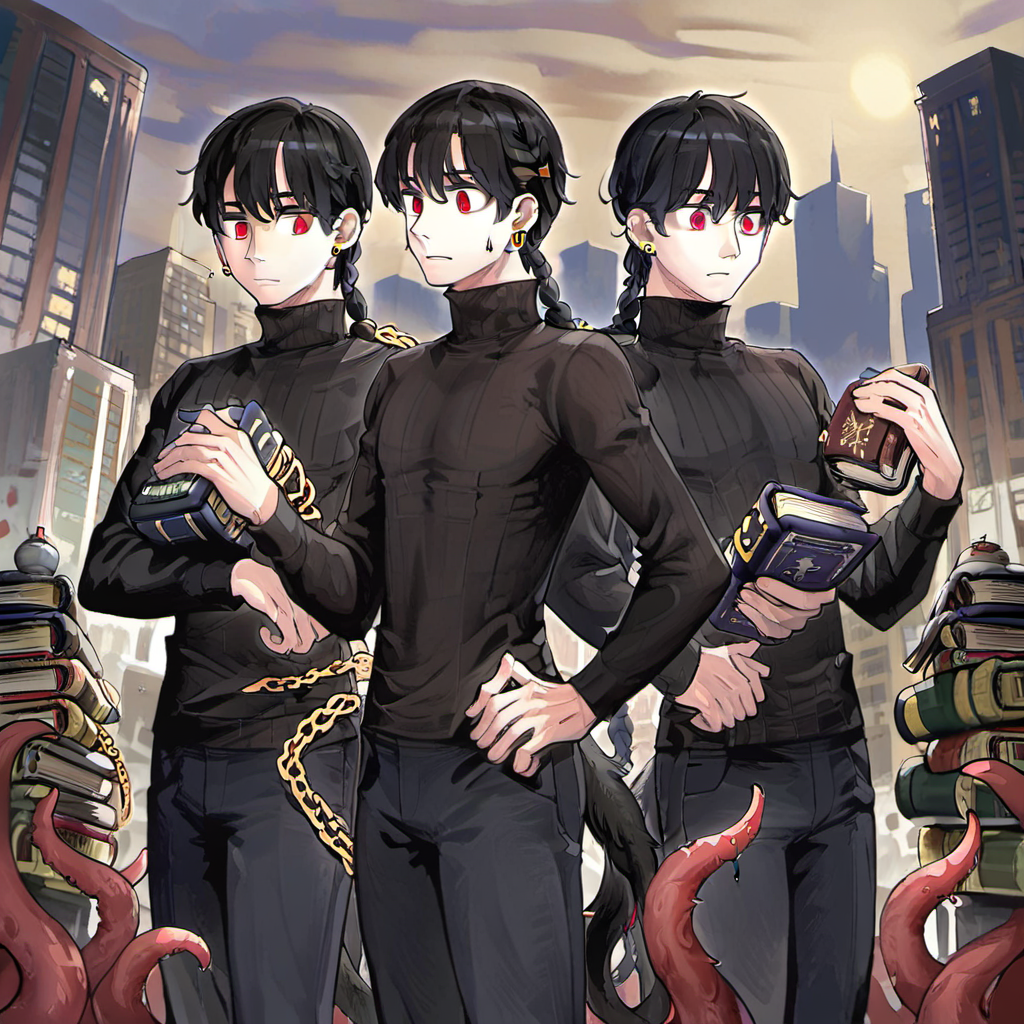 red eyes, building, jewelry, braid, pants, hand on hip, holding book, black hair, chain, earrings, turtleneck, multiple boys, tentacles, tail
