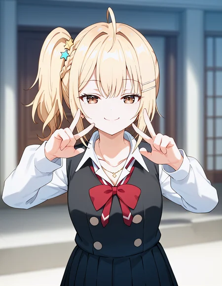 score_9, score_8_up, score_7_up, source_anime, BREAK
1girl, solo, looking at viewer, blurry background, arms on eye, v pose,
nonoa miyamae, blonde hair, medium hair, sidelocks, side braid, side ponytail, star hair ornament, hairclip, ahoge, brown eyes, smug,
school uniform, collarbone, necklace, white shirt, long sleeves, red bow, black vest, buttons, pleated skirt,
<lora:nonoa_miyamae_anime_v2-soralz:1>