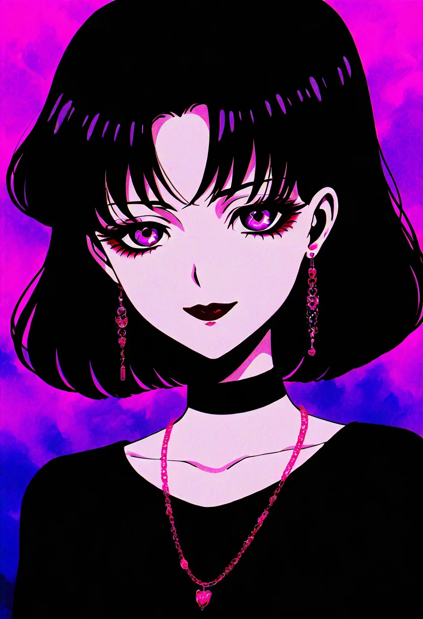 (masterpiece, best quality, good quality, very aesthetic, absurdres), 1girl, solo, eyelashes, (beautiful eyes), pink neon, goth, 1girl, solo, looking at viewer, smile, short hair, bangs, shirt, black hair, jewelry, closed mouth, purple eyes, earrings, choker, necklace, parted bangs, black shirt, black choker, lipstick, portrait, red lips, anime coloring, tomoe hotaru, looking at viewer, short hair, black hair, closed mouth, purple eyes, parted bangs, black shirt, black choker, red lips, anime coloring, tomoe hotaru ,<lora:GothRetroNAI:1.0>,