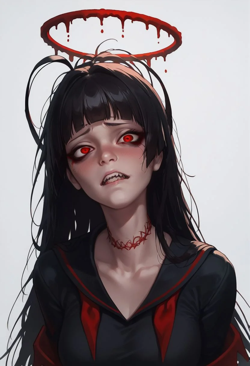 score_9, score_8_up,score_7_up, score_6_up, score_5_up,
tsurugi, blue archive, neck tatto,halo, red eyes, hair eye shadow, wing, thorny wing,featherless wing, bloody halo,sharp teeth, evil facial expression,black dress, bloody black dress, loose shirt, black serafuku, antena hair, red neckerchief, blunt bangs, black nails, shy, sexy,