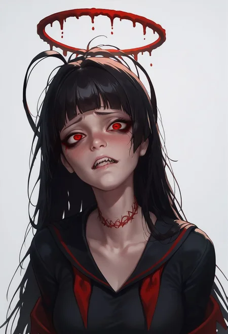 score_9, score_8_up,score_7_up, score_6_up, score_5_up,
tsurugi, blue archive, neck tatto,halo, red eyes, hair eye shadow, wing, thorny wing,featherless wing, bloody halo,sharp teeth, evil facial expression,black dress, bloody black dress, loose shirt, black serafuku, antena hair, red neckerchief, blunt bangs, black nails, shy, sexy,