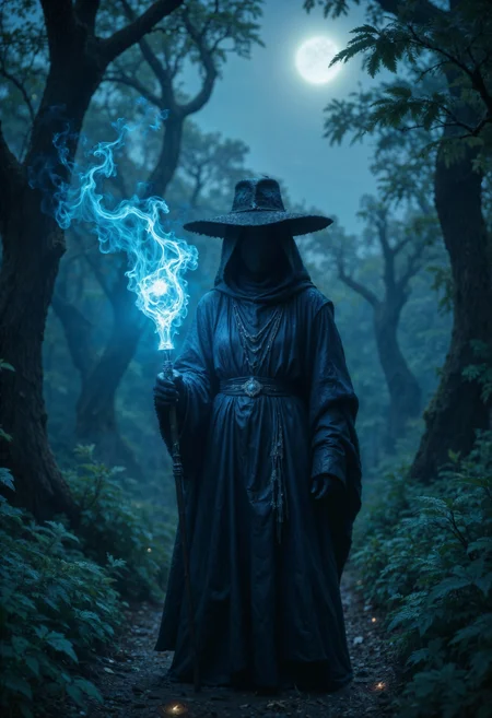 A photograph of a solitary figure cloaked in a dark, hooded robe and a wide-brimmed hat, standing in a misty, moonlit forest. The figure holds a glowing staff, casting an ethereal blue light. The background is filled with dense, shadowy foliage and a soft, foggy atmosphere. The robe appears heavy and textured, adding a mystical, medieval feel. The staff's light creates a focal point, enhancing the enigmatic and otherworldly ambiance.