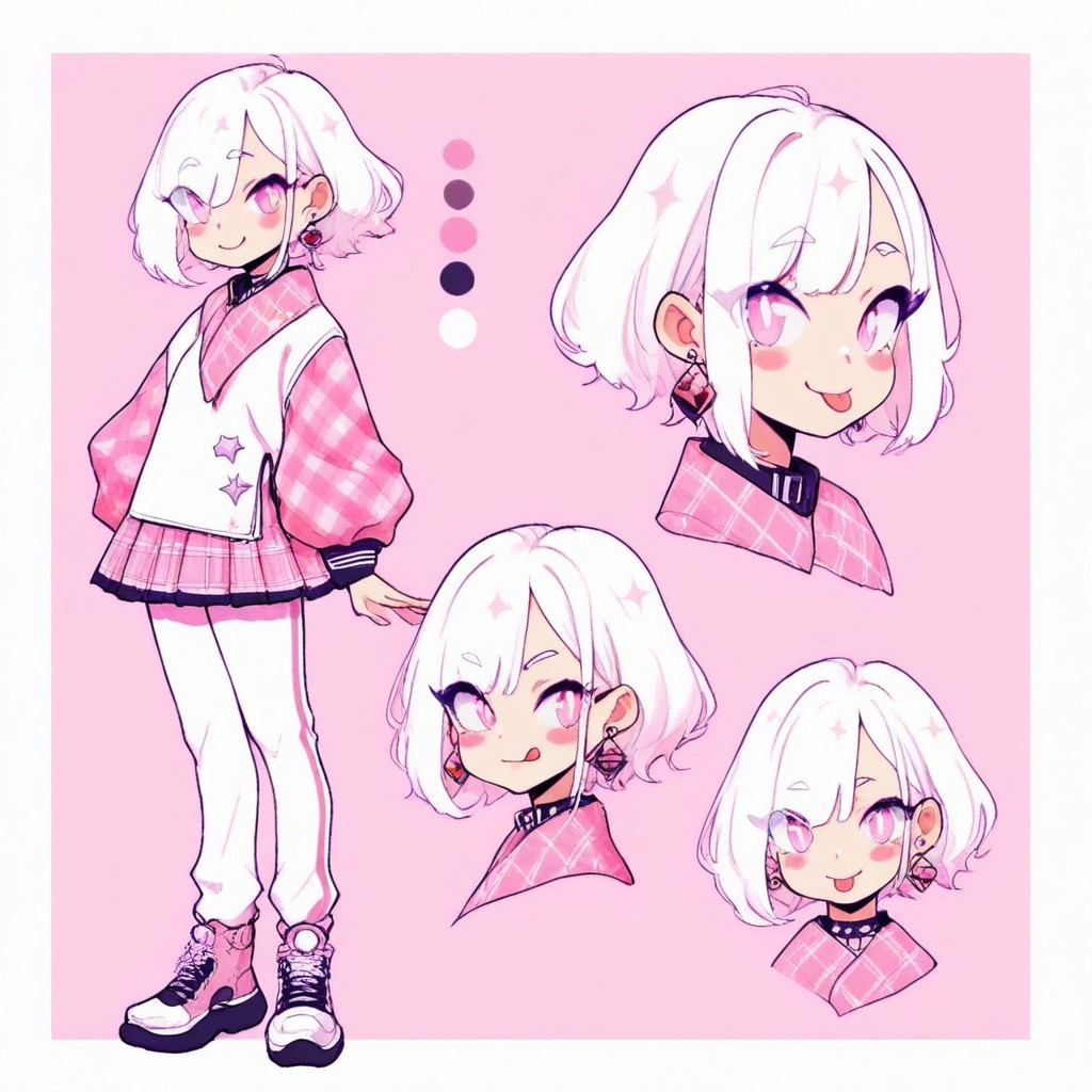 stylized, masterpiece, newest, year 2023, year 2024, eyes visible through hair, earrings, :p, pants, bangs, pink eyes, tongue out, pleated skirt, solo, 1girl, pink background, plaid, stars and galaxies \(space\), traditional media, white hair, reference sheet, simple white background, (color guide:1.2), (multiple views), (full body), dynamic pose, CharacterDesignIllustrious,