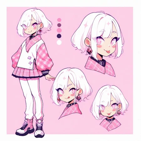 stylized, masterpiece, newest, year 2023, year 2024, eyes visible through hair, earrings, :p, pants, bangs, pink eyes, tongue out, pleated skirt, solo, 1girl, pink background, plaid, stars and galaxies \(space\), traditional media, white hair, reference sheet, simple white background, (color guide:1.2), (multiple views), (full body), dynamic pose, CharacterDesignIllustrious,