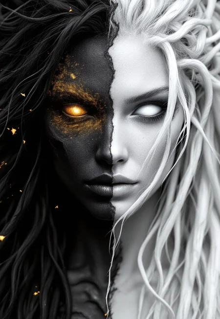 A portrait of Hel's face, the ruler of Helheim. Her marvelous wild mane covers part of her beautiful face and bare chest. Both eyeballs are completely blank and featureless, similar to the eyes of the Silver Surfer, devoid of pupils and irises. The face is divided into two halves. The left side of the face shows signs of decay and decomposition, with lifeless dark-coal skin, hard bones are visible under the torn skin, Shreds of golden ash detached from her skin. Her left eyeball is golden. The right half of the face is of unearthly beauty, with flawless, blight skin. Her right eyeball is snow-white. The transition between the two halves of the face is fluid and unobtrusive, symbolizing the brief moment between life and death. The picture is in a monochromatic scheme, mainly with shades of black, white and gray.
