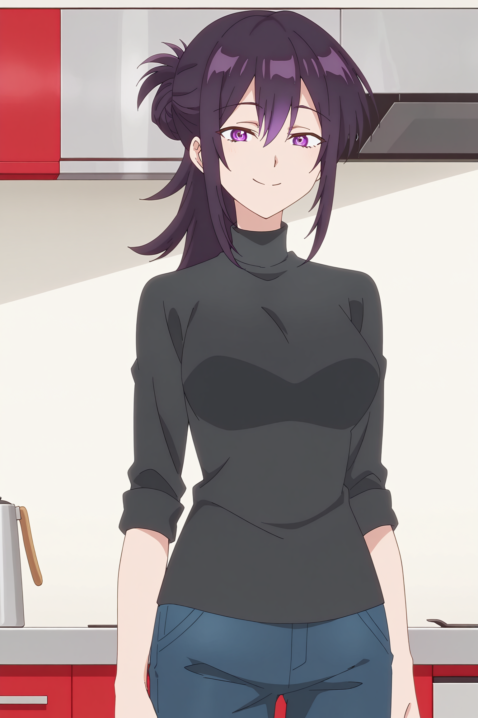 anime screencap, anime coloring, detailed face, masterpiece, best quality, very aesthetic, absurdres, volumetric lighting,
in a kitchen,
 <lora:Motoko_Izumi_Shikimoris_Not_Just_a_Cutie:1>
Motoko Izumi (character), 1girl, solo, purple eyes, breasts, single hair bun, long hair, pants, purple hair, denim, ponytail, jeans, purple hair, shirt, girl looking at the viewer, happy girl, smile, cowboy shot