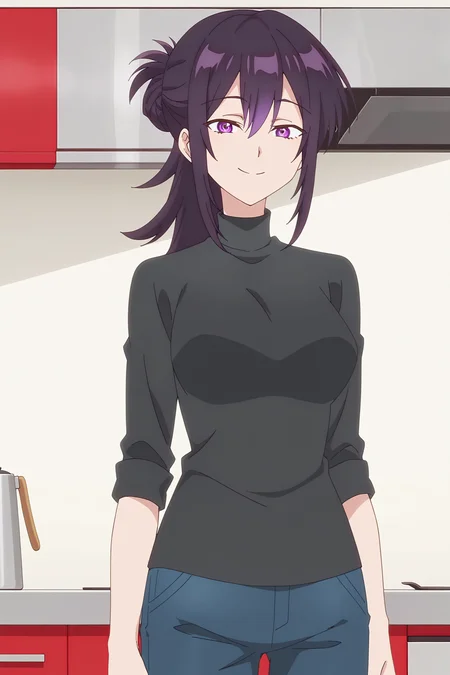 anime screencap, anime coloring, detailed face, masterpiece, best quality, very aesthetic, absurdres, volumetric lighting,
in a kitchen,
 <lora:Motoko_Izumi_Shikimoris_Not_Just_a_Cutie:1>
Motoko Izumi (character), 1girl, solo, purple eyes, breasts, single hair bun, long hair, pants, purple hair, denim, ponytail, jeans, purple hair, shirt, girl looking at the viewer, happy girl, smile, cowboy shot