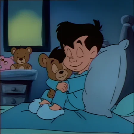 neddiehugsonozkids, 1boy, solo, human, black hair, closed eyes, blue pajama shirt, blue pajama pants, blue slippers, male child, (cuddling with teddy bear), smile, (resting on pillow), <lora:Neddie_Hugson_Oz_Kids:1>