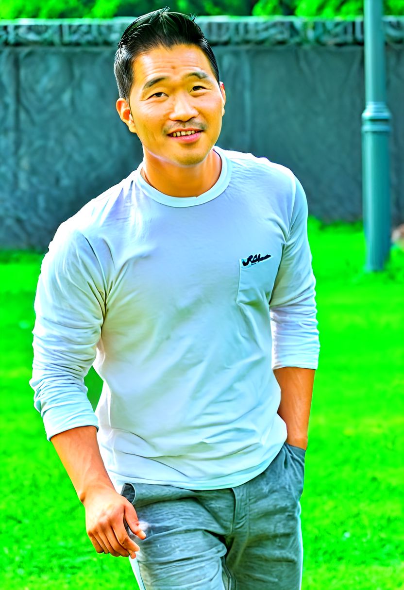 (((htkangface))), daddy,  natural face expression, (((detailed HtKangface))), fixed htKangface Photorealistic, realistic, masterpiece, intricate details, detailed background, depth of field, photo of a handsome, dynamic pose, natural face expression, (((looking at viewer))), high detail, high quality, male focus,  ((white shirt)), ((pants)), ((park background)), full body