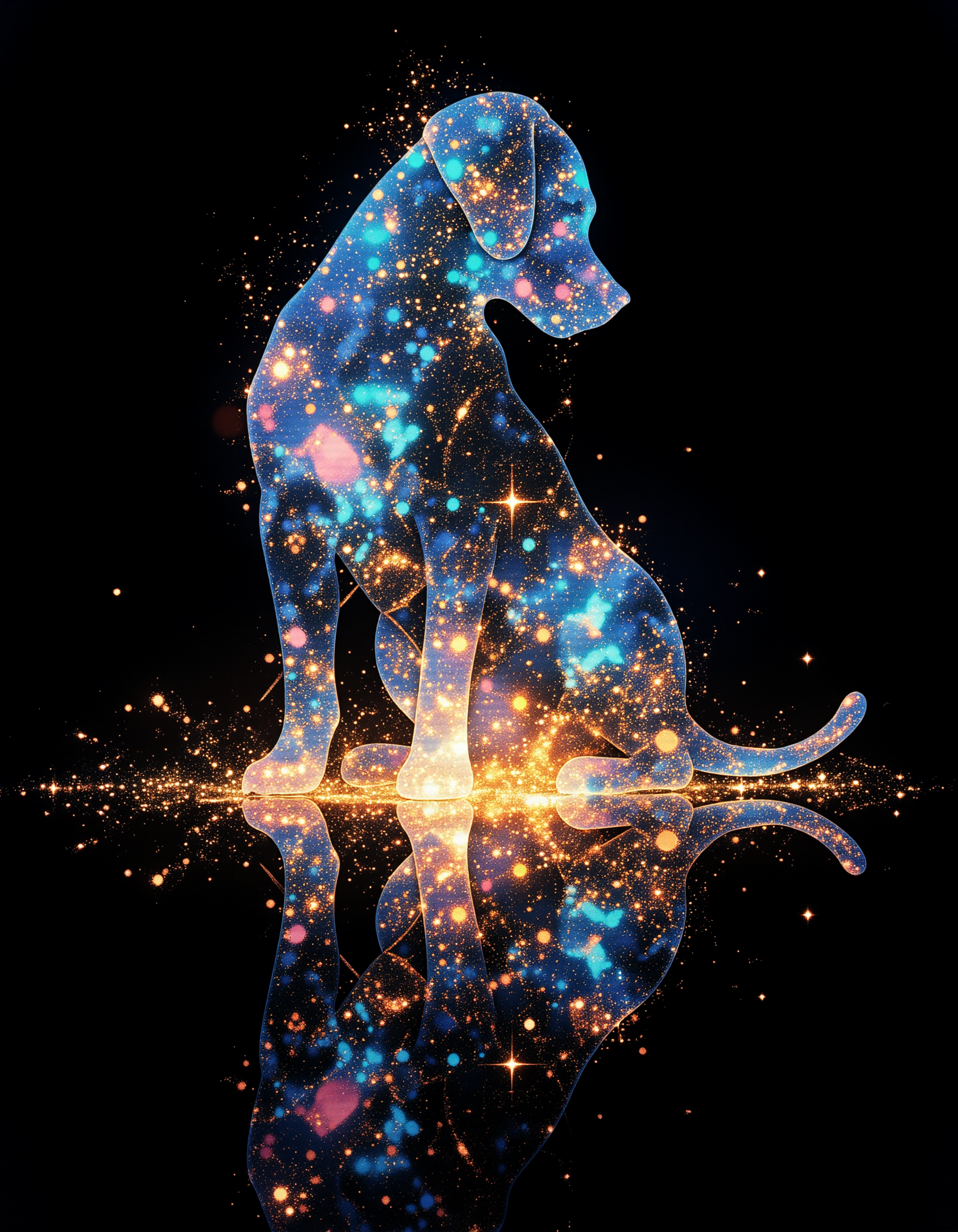 aidmamj6.1, vibrant reflective holographic drawing in the style of ckhg art of  silhouette of a puppy surrounded by sparkling light particles
particles cascading down from the puppy
Puppies reflected in a mirror are depicted as upper and lower objects
black background
Fantastic and mysterious illustration like a world in a dream
 <lora:aidmaMJ6.1_v0.5_3:0.4>  <lora:ck-holographic-glitter-000015:0.5>