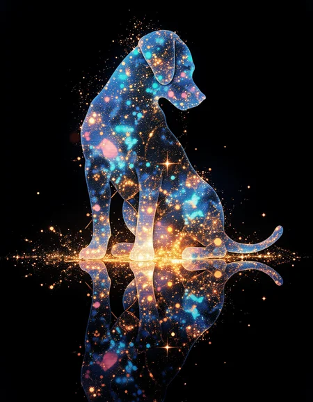 aidmamj6.1, vibrant reflective holographic drawing in the style of ckhg art of  silhouette of a puppy surrounded by sparkling light particles
particles cascading down from the puppy
Puppies reflected in a mirror are depicted as upper and lower objects
black background
Fantastic and mysterious illustration like a world in a dream
 <lora:aidmaMJ6.1_v0.5_3:0.4>  <lora:ck-holographic-glitter-000015:0.5>