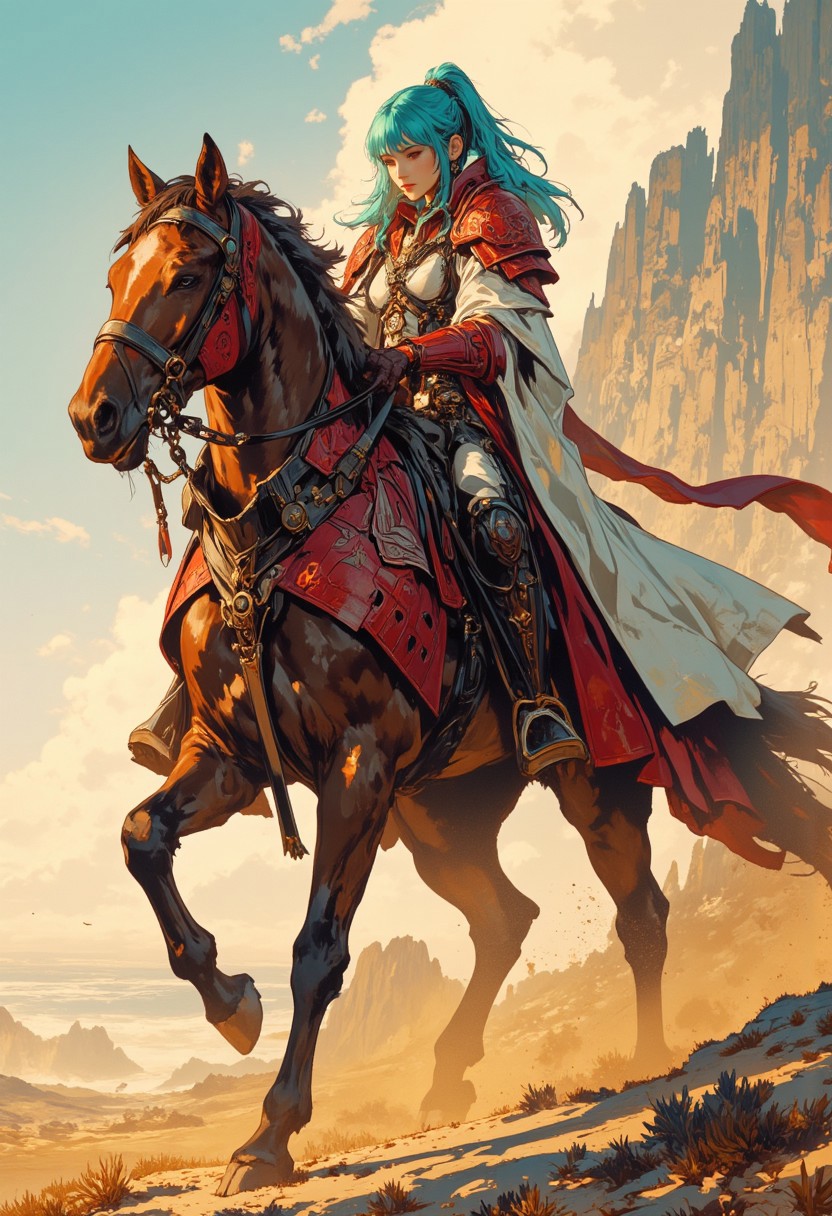 intricate linework with expressive contrasts, soft lighting with dynamic highlights, Impressionistic, ligne claire outlines for clarity and structure, In the style of ff-td, this digital artwork portrays an asian female fantasy knight, crimson plate armour, bangs, long bright blue bioluminescent hair with sidelocks and a high ponytail, riding a galloping horse, with armour protecting its head, across a dusty plain, golden hour, directional lighting