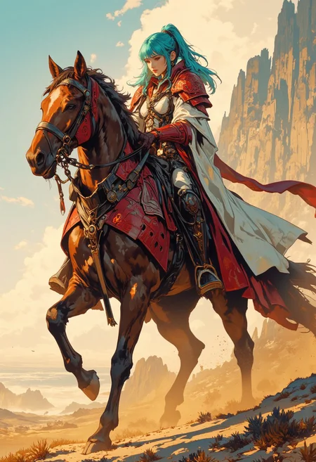 intricate linework with expressive contrasts, soft lighting with dynamic highlights, Impressionistic, ligne claire outlines for clarity and structure, In the style of ff-td, this digital artwork portrays an asian female fantasy knight, crimson plate armour, bangs, long bright blue bioluminescent hair with sidelocks and a high ponytail, riding a galloping horse, with armour protecting its head, across a dusty plain, golden hour, directional lighting