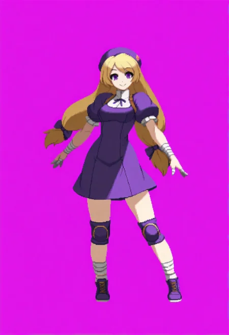 masterpiece, best quality, solo, 1girl, smile, looking at viewer, <lora:Dengeki_Bunko-illus_Fp:1>, full body, pixel art, simple background, <lora:HinakoKof-illus_Fp:1>, h1nak02, blonde hair, purple eyes, long hair, twintails, purple beret, collared dress, purple dress, neck ribbon, puffy sleeves, knee pads, bandages, hair bow,